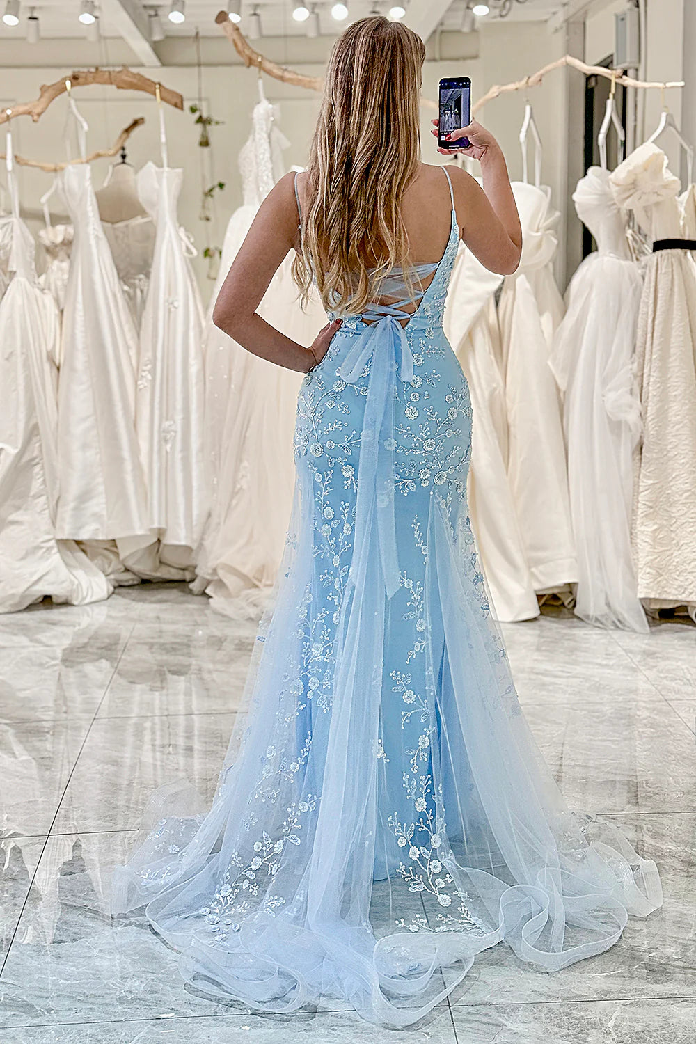 Light Blue Mermaid Appliqued Long Corset Prom Dress With Slit
